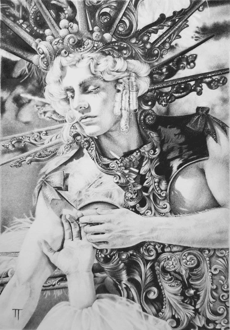 Man with glory ornament reaching out to a hand