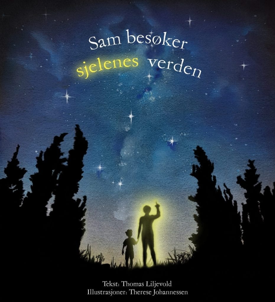 Framside bok mørk silhuett av sønn og far som peker mot stjernehimmel med tittelen sam besøker sjelenes verden