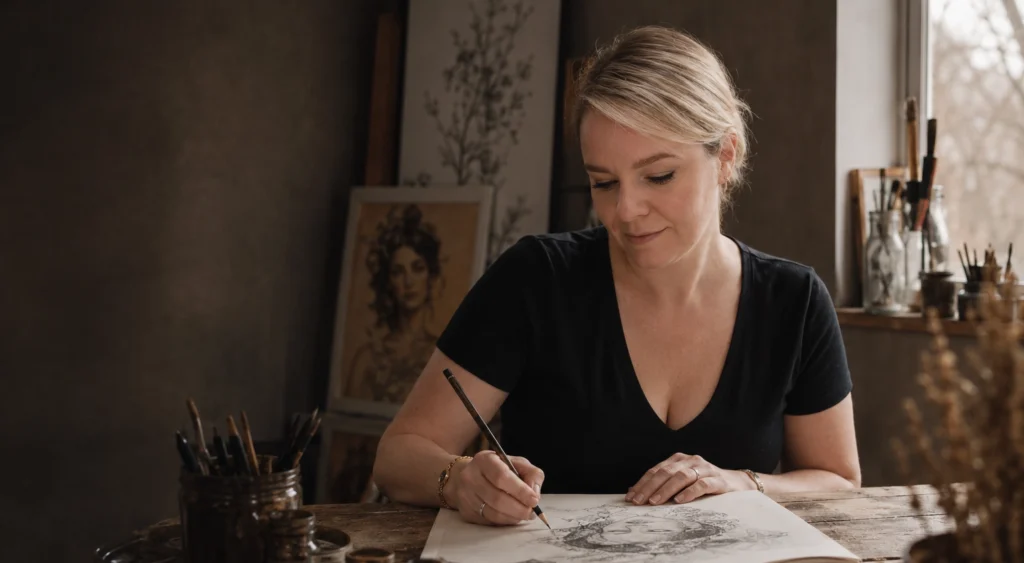 Billedkunstner Therese Johannessen sitter i et rustikt atelie og tegner på et oppdrag